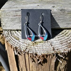 Sterling Silver Teardrop Earrings with Red and Blue Accents